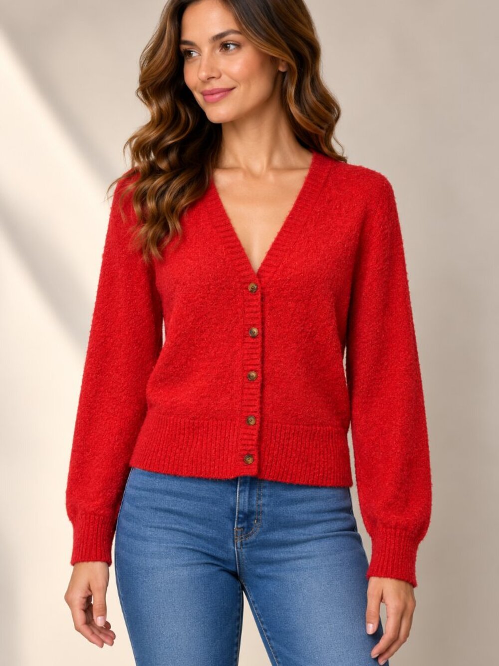 Free People School Girl Cardi M Cherry Pop Red Fuzzy V Neck Button Cardigan